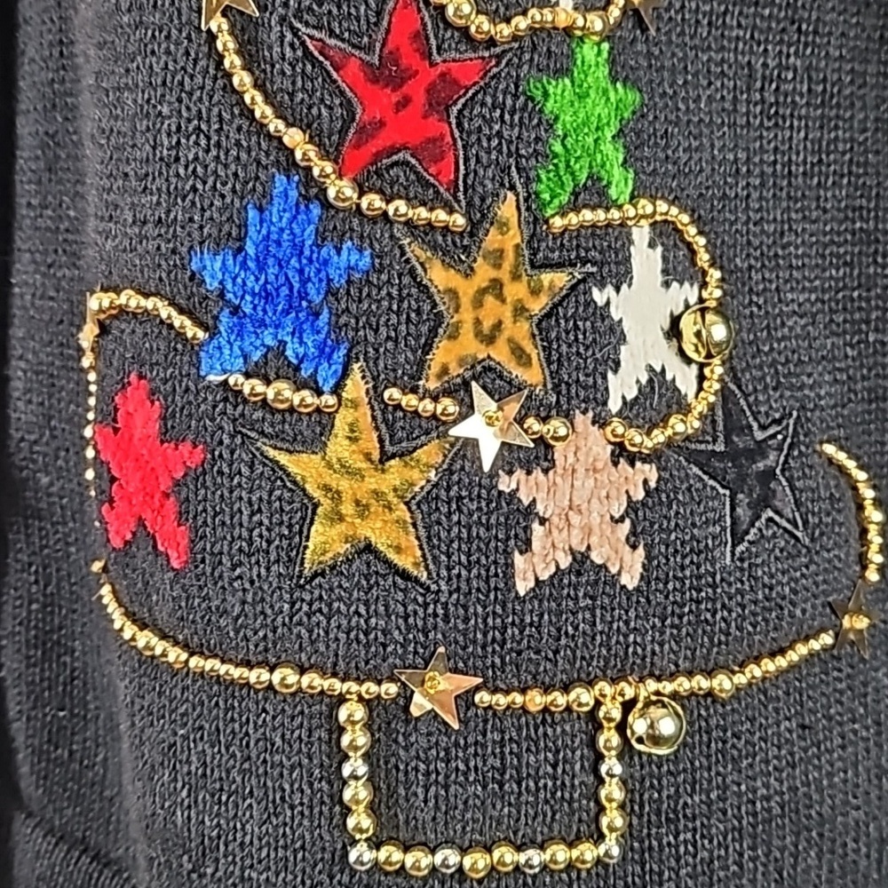 Vintage Berek Black Button Front Beaded Christmas Tree Cardigan Sweater - Picture 7 of 16